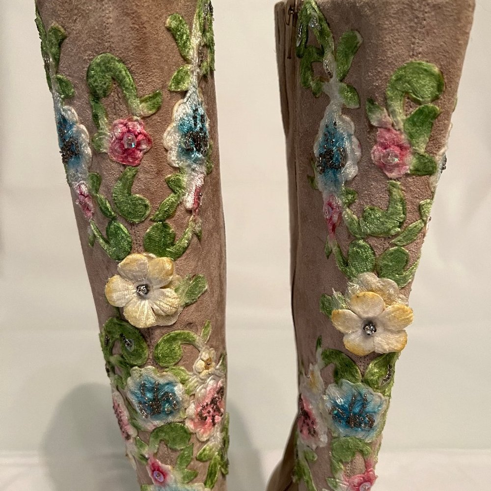 NewPort News Easy Style Tan Suede Upcycled Embroidered Knee Boots